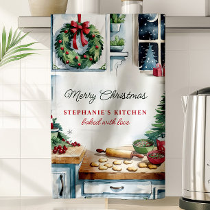 Persoonlijke kerstkoekjeskeukenscène theedoek