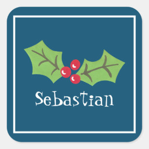 Persoonlijke kerstman Holly & Berries Square Sti Vierkante Sticker