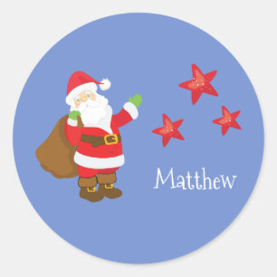 Persoonlijke kerstman met sterren ronde sticker