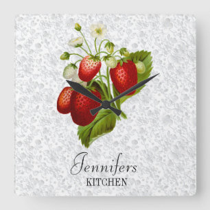 Persoonlijke keukenklok met aardbei motief vierkante klok