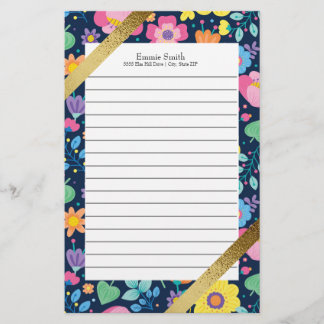 Persoonlijke Kleurrijke Bloemen en Goud Briefpapier