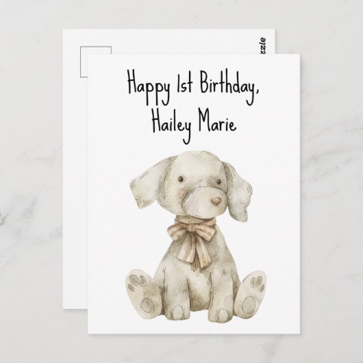 Persoonlijke knuffelhond voor de eerste verjaardag briefkaart (Voorkant / Achterkant)