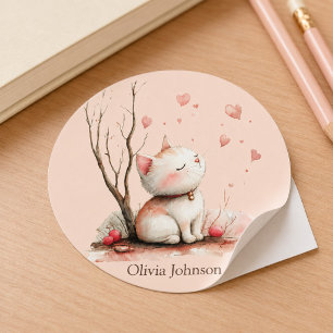 Persoonlijke knuffelkat met harten ronde sticker