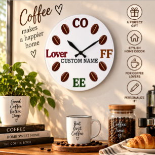 Persoonlijke koffieboon wandklok cadeau grote klok