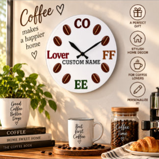 Persoonlijke koffieboon wandklok cadeau grote klok
