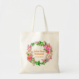 Persoonlijke krans waterverf roze bloemige bruilof tote bag