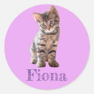 Persoonlijke lapjeskat kitten lavendel ronde sticker