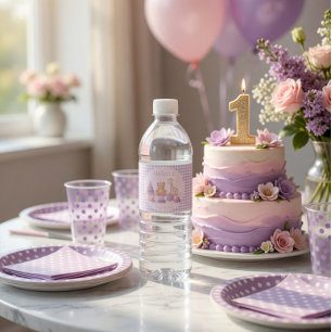 Persoonlijke Lavendel Gingham 1e Verjaardag Waterfles Etiket