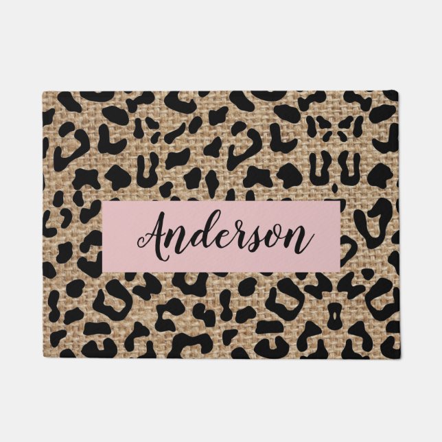 Persoonlijke leopard Burlap Achternaam Doormat Deurmat (Voorkant)