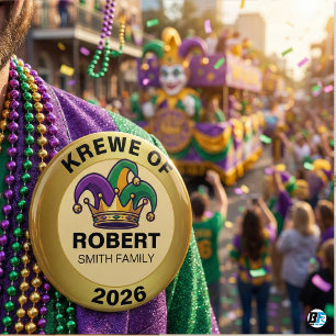 Persoonlijke Mardi Gras Krewe Familie Narrenhoed Ronde Button 5,7 Cm
