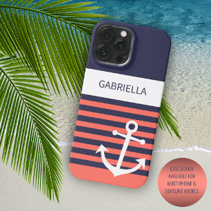 Persoonlijke marine donkerblauw wit oranje strepen Case-Mate iPhone 14 pro max hoesje