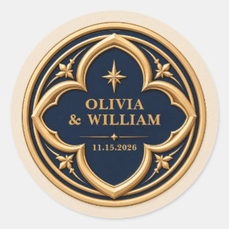 Persoonlijke marineblauwe en gouden trouw ronde sticker