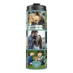 Persoonlijke moderne groene fotocollage met monogr thermosbeker