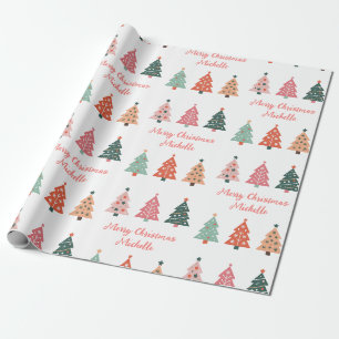 Persoonlijke moderne kerst roze dennenboom cadeaupapier
