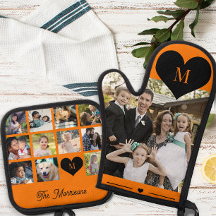 Persoonlijke moderne multi-fotocollage met monogra ovenwant & pannenlap set