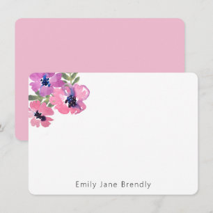 Persoonlijke moderne waterverf roze bloemen notitiekaartje