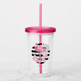 Persoonlijke moderne zwarte strepe roze flamingo acryl drinkbeker