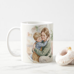 Persoonlijke moeder knuffelt zoon waterverf koffiemok