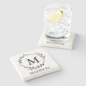 Persoonlijke monogram bladkrans stenen onderzetter (Zijkant)