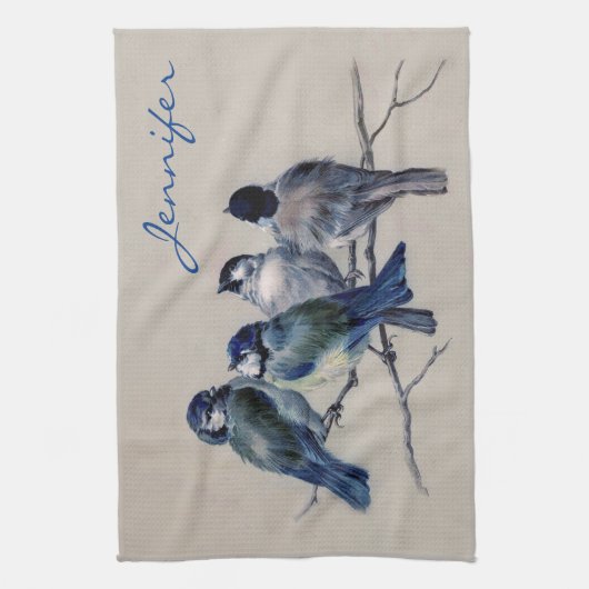 Persoonlijke monogram Naam Blauwe Grijze vogels Theedoek (Verticaal)