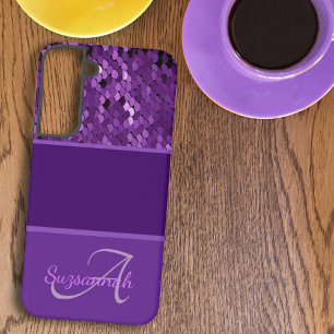 Persoonlijke Monogram Naam Paarse Pailletten Strep Samsung Galaxy Hoesje