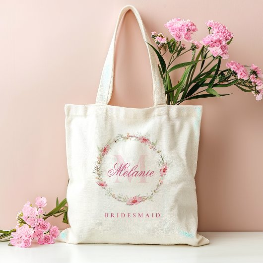 Persoonlijke Monogram Roze Bloemen Tote Bag