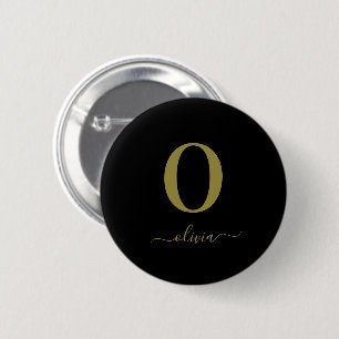 Persoonlijke Monogram Script Naam Zwart En Goud Ronde Button 5,7 Cm