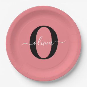 Persoonlijke Monogram Script Naam Zwart Wit Roze Papieren Bordje