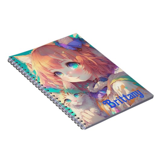 Persoonlijke Mooie Anime Meisje met Cute Kitten Notitieboek (Rechterzijde)