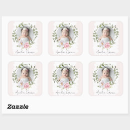 Persoonlijke mooie blush roze bloemen baby meisje  vierkante sticker