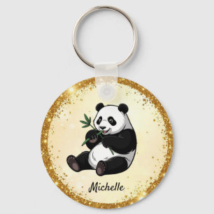 Persoonlijke Mopige Panda Beer Groene Bamboe Goud Sleutelhanger