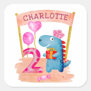 Persoonlijke Moppige Meisjes Dinosaurus 2 Jaar Ver Vierkante Sticker