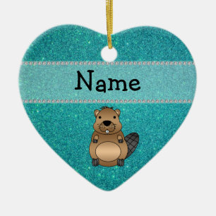Persoonlijke naam beaver turquoise glitter keramisch ornament