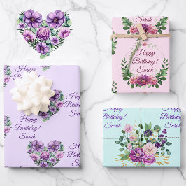 Persoonlijke naam Birthday Flowers Pink Lavender 3 Inpakpapier Vel