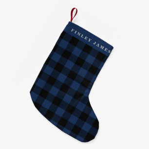 Persoonlijke naam blauw zwart Buffalo Plaid Rustie Kleine Kerstsok
