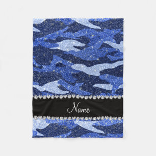 Persoonlijke naam blauwe glitter camouflage fleece deken