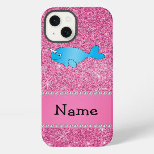 Persoonlijke naam blauwe narwal roze glitters iPhone 13 hoesje