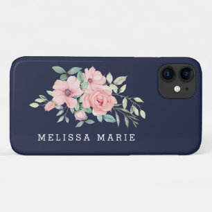 Persoonlijke naam bloemendecor in roze en navy iPhone 11 hoesje