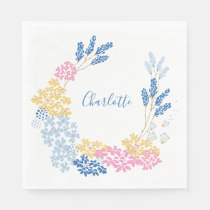 Persoonlijke naam bloemenkrans pastel roze blauw servet