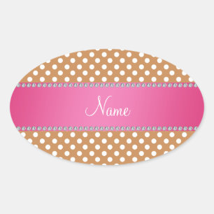 Persoonlijke naam: bruine polka stipt roze streep ovale sticker