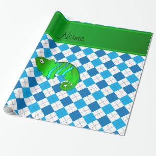 Persoonlijke naam chameleon blue argyle cadeaupapier