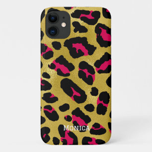 Persoonlijke naam chic goud glitters zwart luipaar iPhone 11 hoesje
