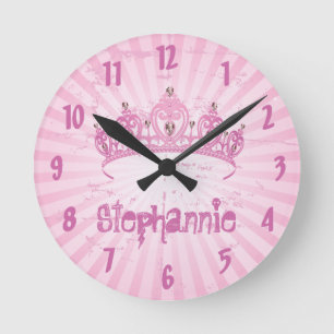 Persoonlijke naam Clock Pink Princess Crown Tiara Ronde Klok