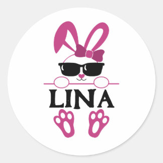 Persoonlijke naam crème roze Bunny met zonnebril Ronde Sticker