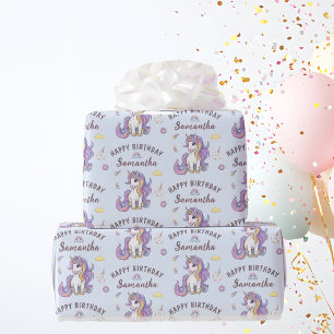 Persoonlijke naam Cute Unicorn Verjaardag Cadeaupapier