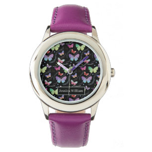 Persoonlijke naam Elegant Paars Bright Butterflies Horloge