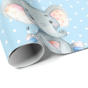 Persoonlijke naam Elephant Baby Boy Blue en Grey Cadeaupapier