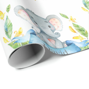 Persoonlijke naam Elephant Baby Boy Blue en Grey Cadeaupapier