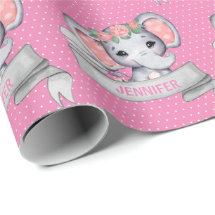 Persoonlijke naam Elephant Baby Girl Pink Cadeaupapier