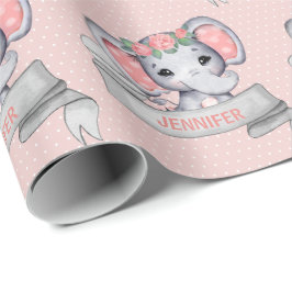 Persoonlijke naam Elephant Baby Girl Pink & Grey Cadeaupapier